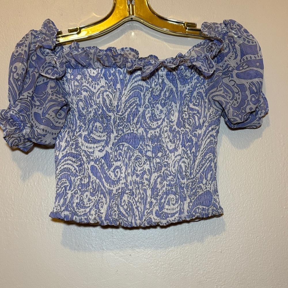 Express Blue and White Paisley Crop Top